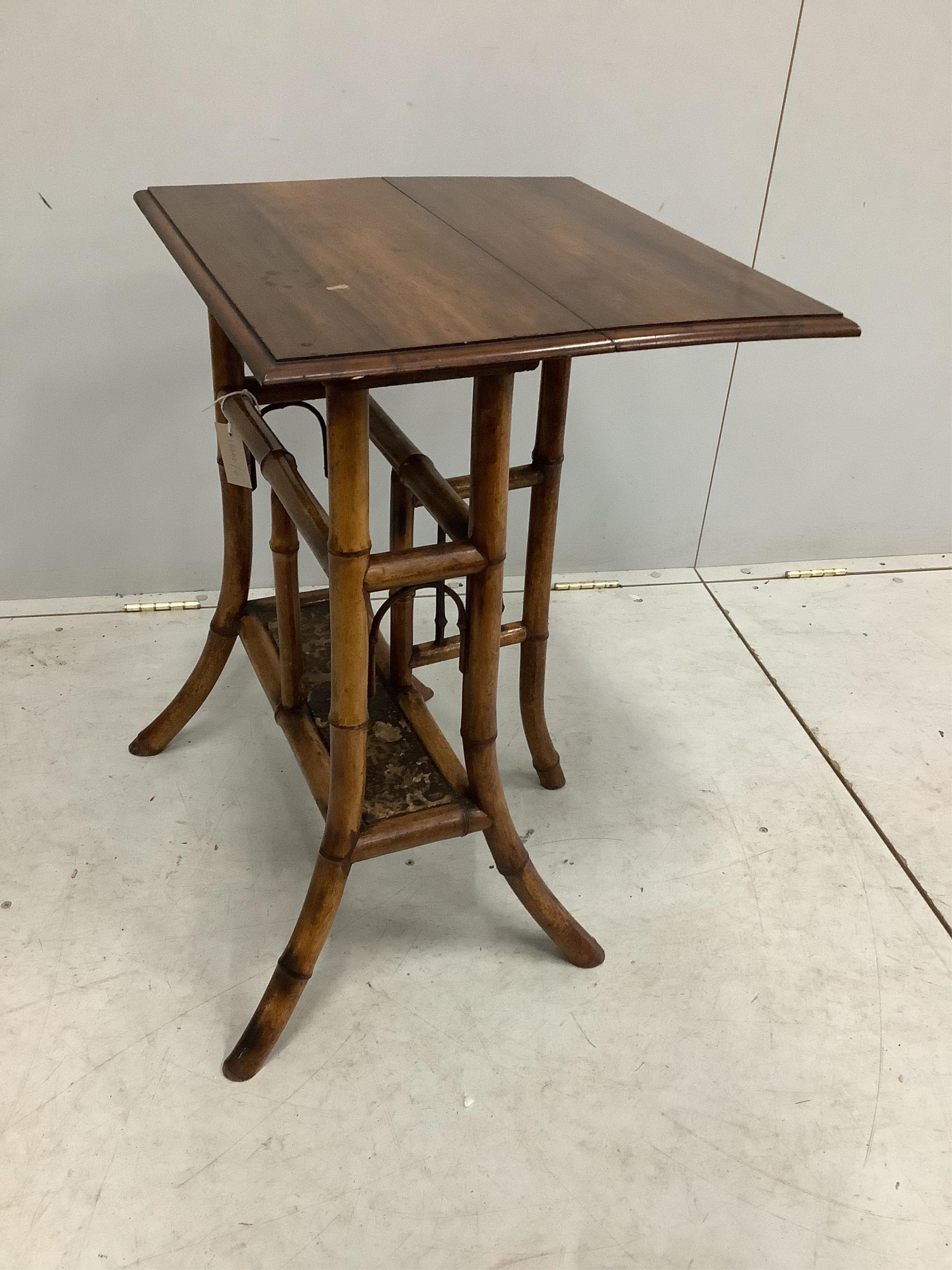 A late Victorian bamboo and mahogany single drop flap occasional table with lacquer undertier, width 51cm, depth 40cm, height 68cm. Condition - good